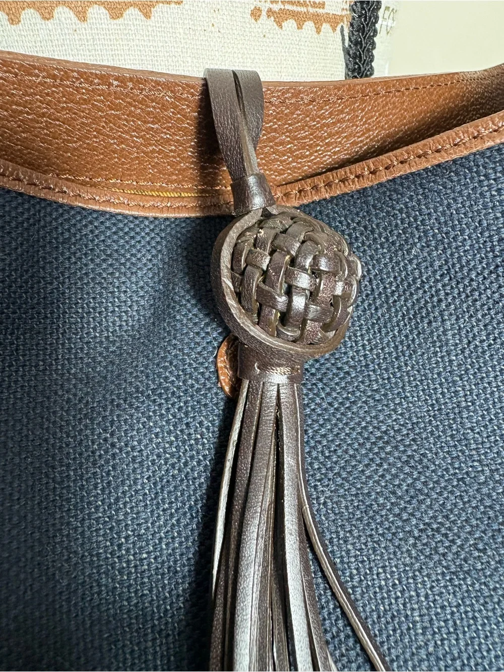 Tommy Bahama Navy Canvas Leather Bamboo Handle Hobo Shoulder Bag Tassel